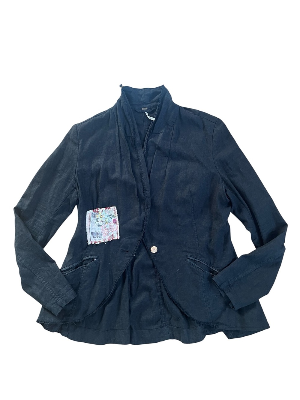 Free People Black Patchwork Floral Linen One-Button Raw Hem Lightweight Jacket - Picture 2 of 13